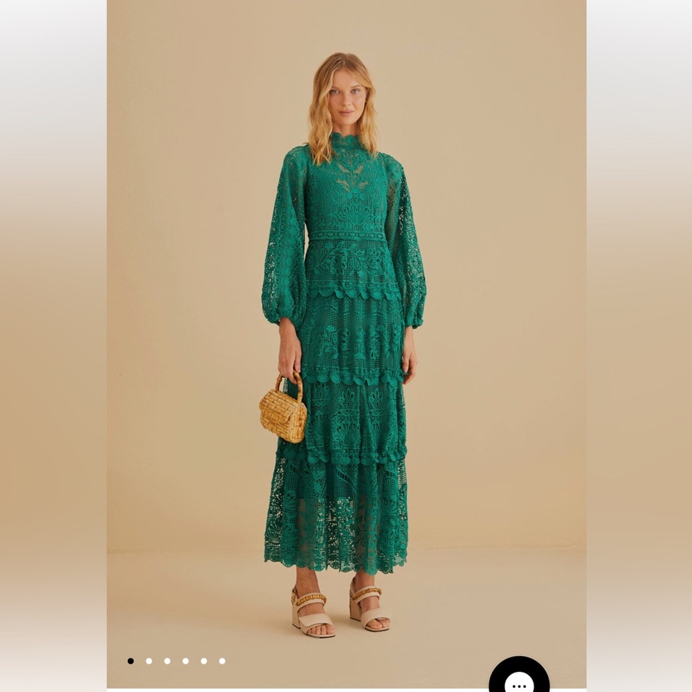 NWT Farm Rio Dark Green Guipure Long Sleeve Maxi Dress Size Small